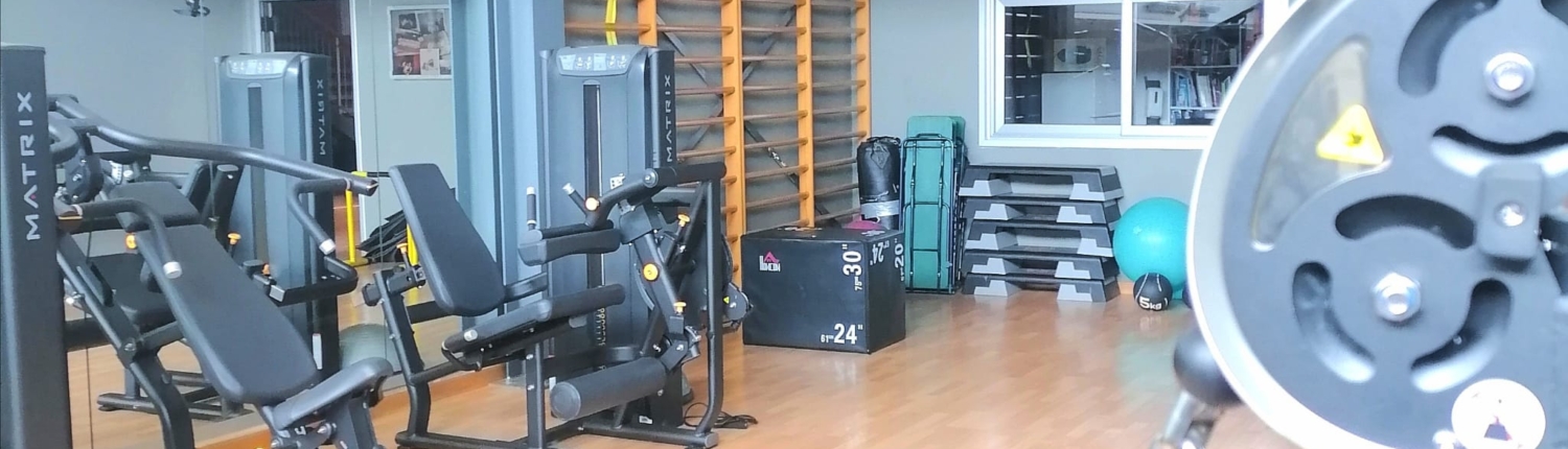 Gym strength-training machines and weight equipment arranged in a bright indoor space, shown in a wide close view.