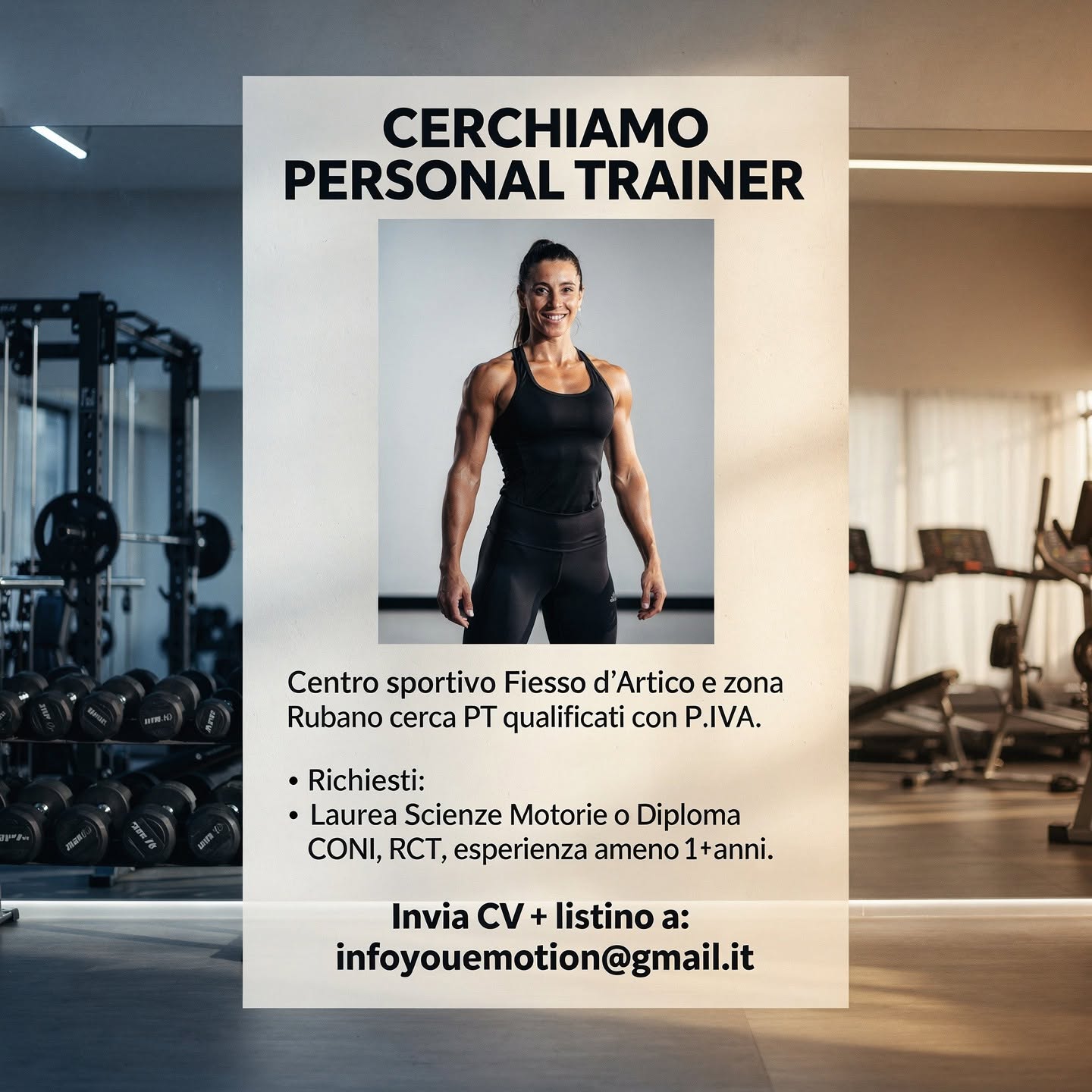 A woman stands centered in a gym portrait, with weight racks and equipment visible around a recruitment-style text panel.