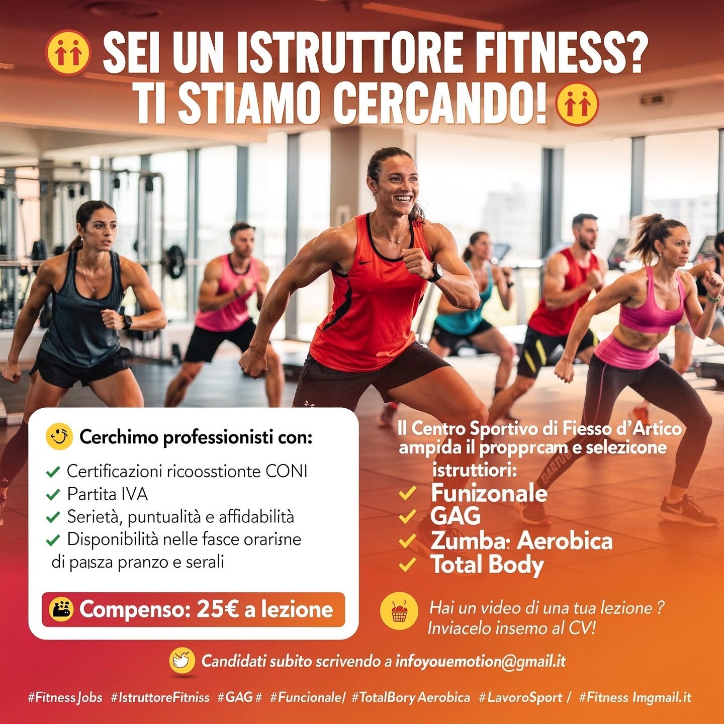 Several people perform an energetic group fitness exercise in a bright studio, with promotional text above and below.