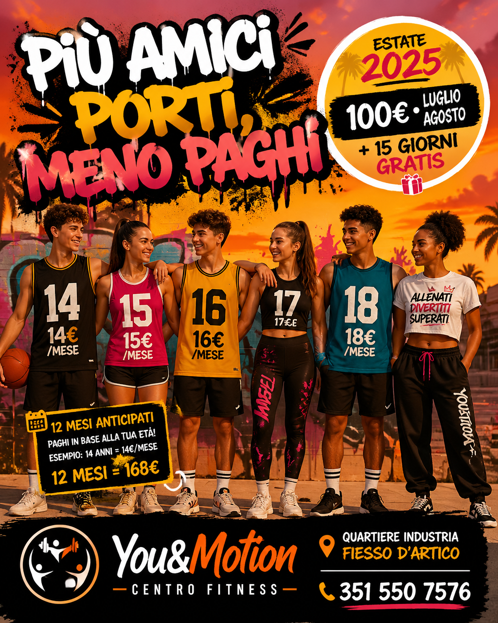 A group of young people in sportswear pose together outdoors, surrounded by colorful promotional text and graphics.